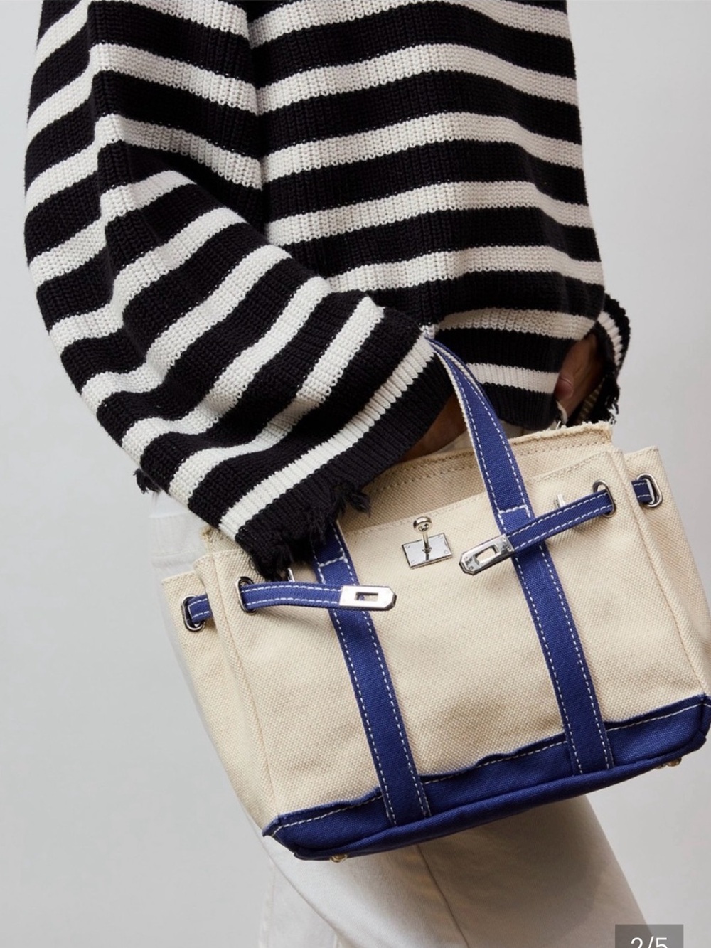 New Boatkin Mini Tote Canvas Satchel in Ivory with Blue Trim